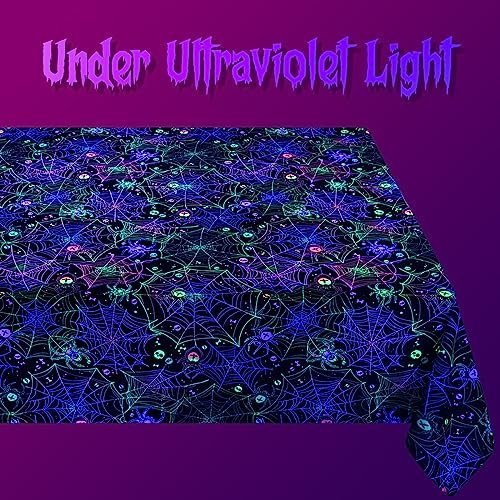 Halloween UV Reactive Black Spider Web Tablecloth - Waterproof 84x60 Inch