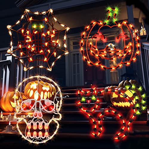 Halloween Lighted Window Silhouette Decorations Set - Jack-O-Lantern, Skull, Cat & Cobweb - 4 Pieces, Indoor & Outdoor Use
