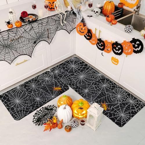 Halloween Kitchen Rugs Set - Non-Slip Washable Holiday Mat with Mouse Pad, Spider Web Design