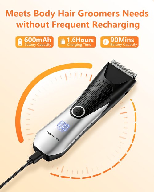 Lumiflexa Body Hair Trimmer, LED Display, 6500 RPM Motor Manscaper for Men, 3 Adjustable Combs, USB & Dock Charging, IPX7 Waterproof Body Hair Groomers, Wet or Dry Use for Groin/Legs/Chest