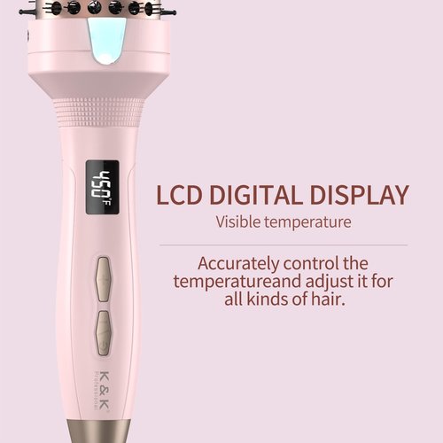 K&K Thermal Brush Heated Round Brush - Blowout Look Volumizer with 1.7 inch Heated Round for Hair Styler Tool Hair Straightener and Curler 2 in 1 Dual Voltage Temperture Contronal (Pink, 1.7 Inch)