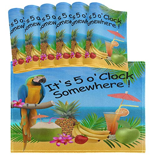 Summer Parrot Pineapple Placemat Set of 6 - Tropical Fruit Heat-Resistant Washable Table Mats, Multi 4/6