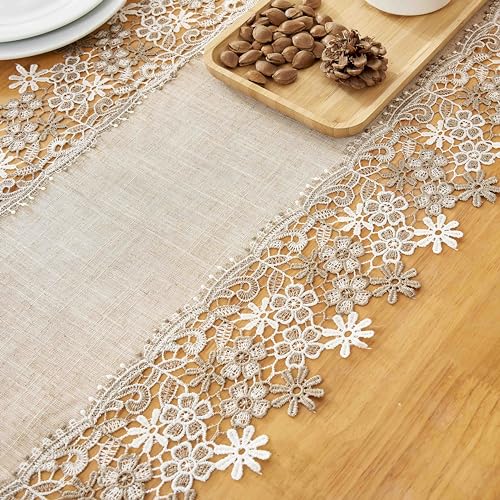 Natural Beige Floral Lace Table Runner - 16 x 90 Inches, Wedding & Party Decor