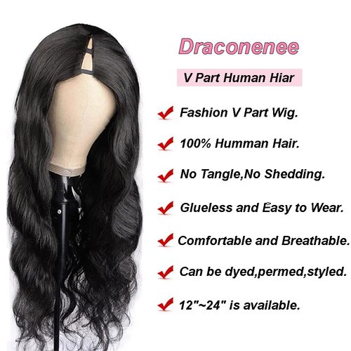 draconenee V Part Wig Human Hair 14 inch Upgrade U Part Wigs Body Wave for Black Women Beginner Friendly No Sew In and No Leave Out Glueless Brazilian Virgin Hair Natural Black Color 180% Density
