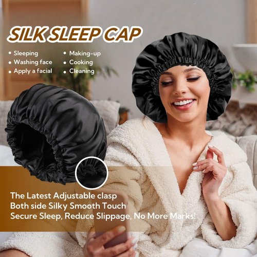 VECIIR Satin Bonnet Silk Bonnet for Sleeping Women and Men, Ajustable Hair Bonnet for Curly Hair with Double Layer Hair Bonnet,Black - Black,Medium