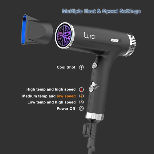 LURA Dual Voltage Travel Hair Dryer - Compact & Lightweight Mini Blow Dryer with Diffuser (Black)