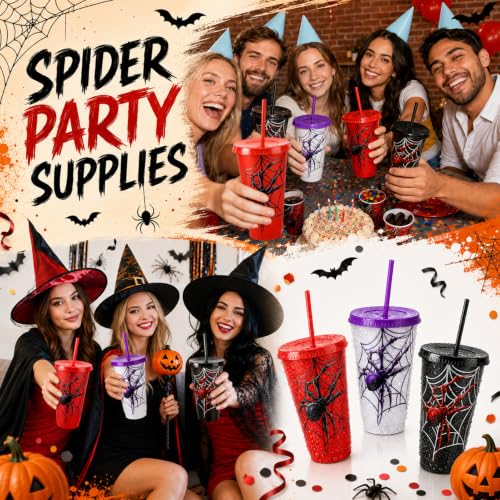 24 Pcs Spider Party Cups with Lids & Straws - Halloween & Themed Celebration Set