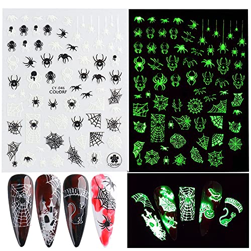 Luminous Halloween Nail Stickers Set - 3D Skull, Ghost, Pumpkin Decals - Self-Adhesive, 6 Sheets