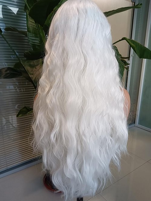 RDY 24" White Lace Front Synthetic Wig Loose Water Wave Heat Fiber Hair Natural Looking Long Wavy Lace Front Wigs for Women Half Hand Tied Wig Cosplay Daily Use Hair