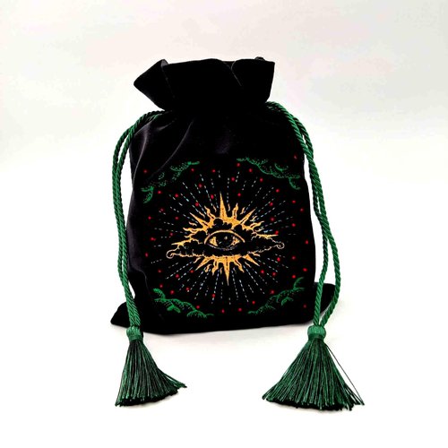 La Muci Black Velvet Pouch for Tarot Decks, Oracle Cards and Crystals, Embroidered Mystical Makeup Bag, Soft Velvet Cosmetic Pouch, Travel Organizer Storage Bag with Tassel