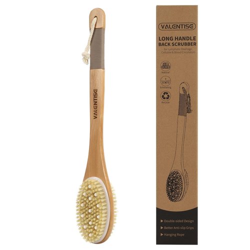 VALENTISE Back Scrubber for Shower, Shower Brush Long Handle with Boar Bristle and Massage Nodes, Exfoliating Body Scrubber for Lymphatic Drainage, Cellulite & Blood Circulation