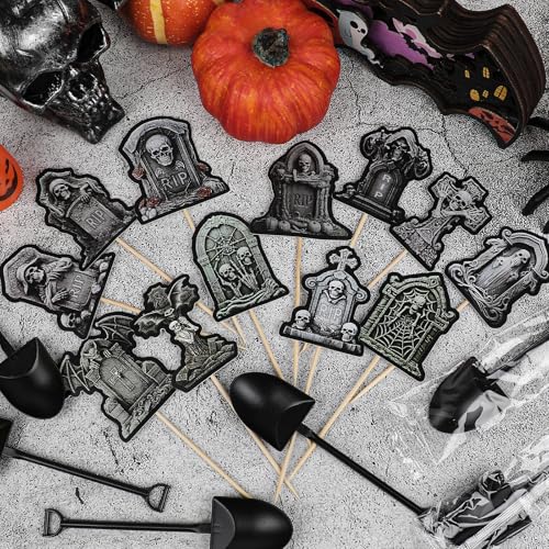 Halloween Cupcake Toppers with Tombstone & Shovel Spoons - Graveyard Cake Decorations, 48 Pieces