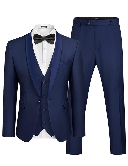 COOFANDY Mens Suit Shawl Lapel Tuxedo Wedding Prom Jacket Vest Trousers Bow Tie Navy Blue Large