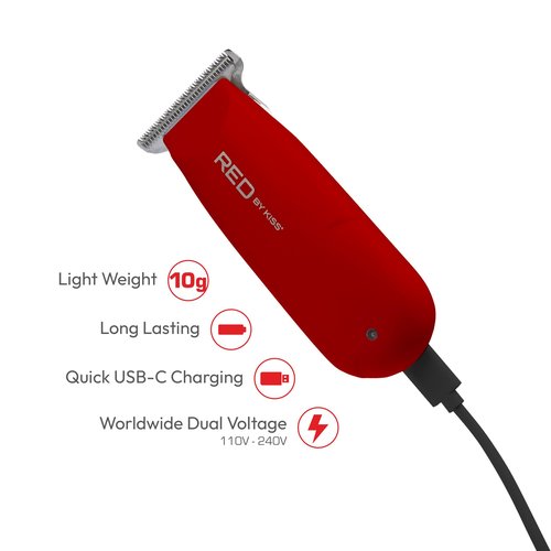 Red by Kiss Hair Clipper, Mini Cordless Hair Trimmer, Long Lasting Hair Cutting Kit, USB-C Rechargeable Haircut Beard Trimming Clippers for Men Women Kids, Portable Grooming Kit (Red)
