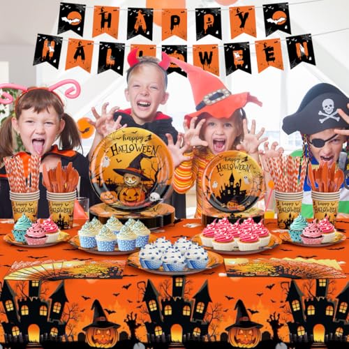 Halloween Party Supplies Plates Cups Spoons Forks Tablecloth Banner 24 Pieces - Halloween Style