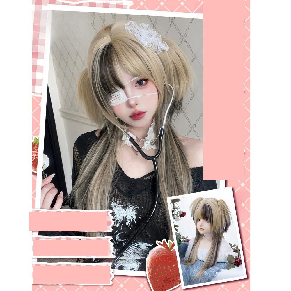 VVRPWASSLY Women Linen Highlights Coffee Wig Clip on Pigtails Long Straight Hair with Bangs Synthetic Wig for Daily Party