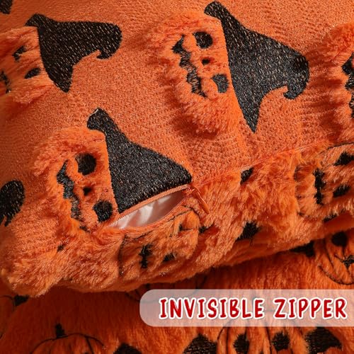 20x20 Inch Halloween Pillow Covers Set of 2 - Faux Fur Double-Sided Pumpkin Bat & Pumpkin with Hat, Plush Fall Home Decor - Orange Variation