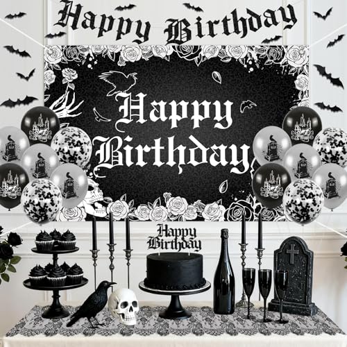 Gothic Birthday Decorations Kit with Backdrop Banner Skull Skeleton Bat Wall Decals