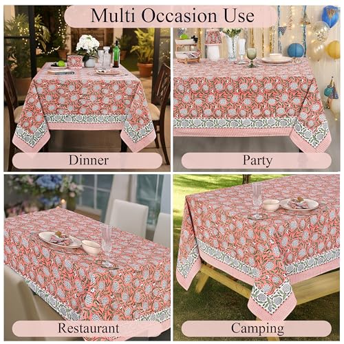 Ridhi Hand Block Print Rectangular Tablecloth 120x60 Inch - Dark Salmon Pink Variation