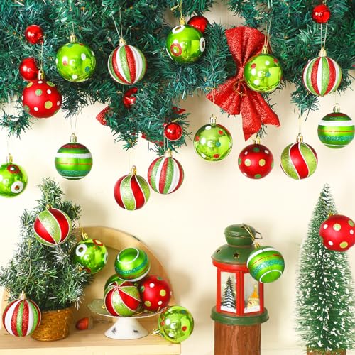 24 Pcs Christmas Ball Ornaments - Lime Green & Red Polka Dots & Stripes, 2.36 Inch Holiday Decorations with Ropes - Variation of 24