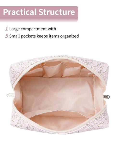 Narwey Floral Makeup Bag - Travel Cosmetic Organizer with Compartments for Women | Large Pink Flower Design