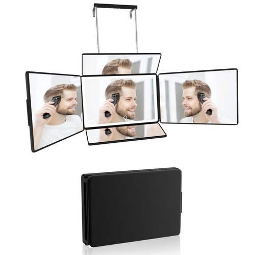 Aokoka 5 Way Mirror with Light for Self Hair Cutting, 360° Barber Mirror for Men Shaving, Makeup Mirror with Height Adjusta for Braiding Hair Styling Dye Hair for Women