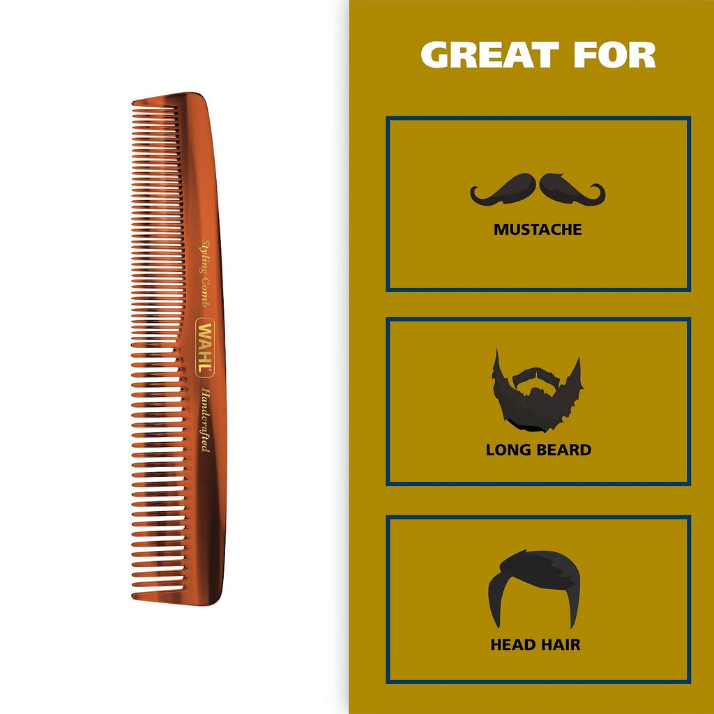 Wahl Beard, Mustache, & Hair Styling Comb for Men's Grooming - Handcrafted & Hand Cut with Cellulose Acetate - Smooth, Rounded Tapered Teeth - Model 3328