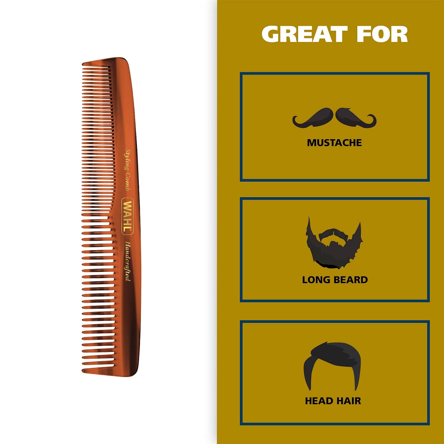 Wahl Beard, Mustache, & Hair Styling Comb for Men's Grooming - Handcrafted & Hand Cut with Cellulose Acetate - Smooth, Rounded Tapered Teeth - Model 3328