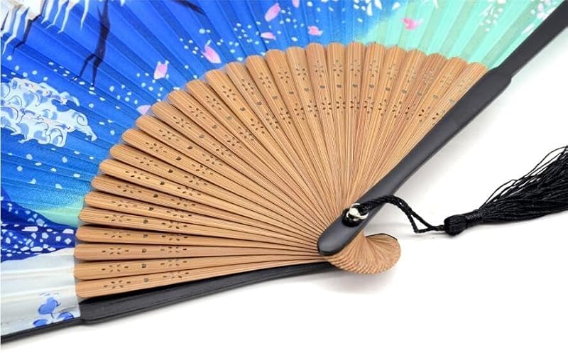 Night Edition Foldable Hand Fan for Women - Vintage Bamboo Silk Fan with Tassel & Pouch