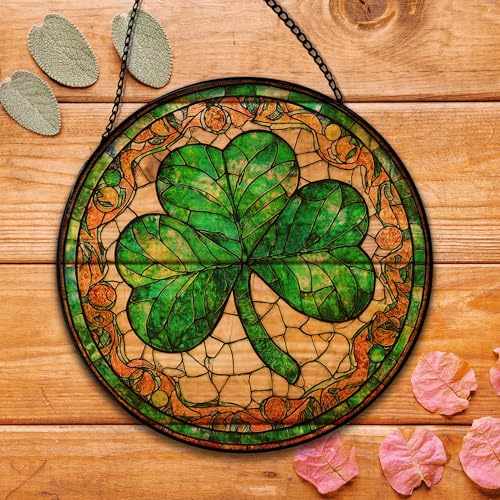 Irish Green Shamrock Sun Catcher - Stained Glass Window Hanging, Lucky Clover Decor - 7.8 Inch - Variation: Shamrock