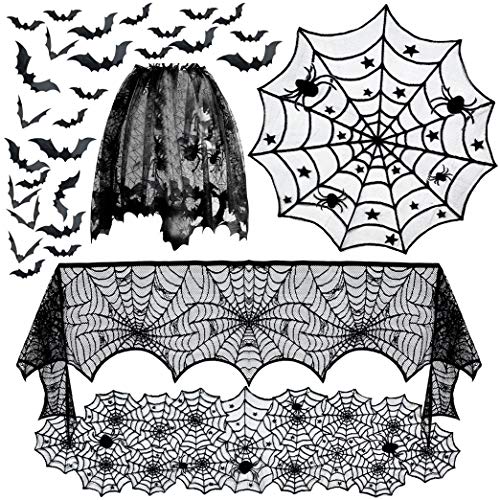 Halloween Decor Set with Lace Tablecloth Bat Wall Stickers and Spider Lampshade