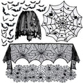 Halloween Decor Set with Lace Tablecloth Bat Wall Stickers and Spider Lampshade