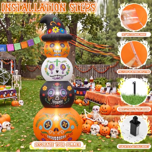 6ft Pumpkin Skull Stack Inflatable Halloween Yard Decor - Day of the Dead Style