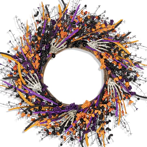 Halloween Wreath for Front Door 22 Inch Black Skeleton Decor with Berries