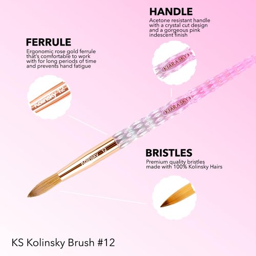 Kiara Sky Acrylic Brush #12 - Pink | 100% Pure Kolinsky | Crystal Cut Handle and Acetone Resistant