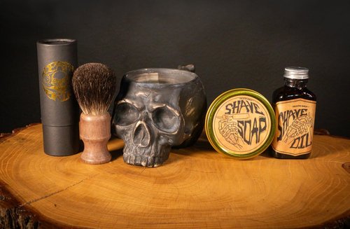 Shaving Kit for Men – Traditional Wet Shave Set with 4oz Shaving Soap, 3oz Tea Tree Oil, Badger Brush & Skull Bowl – For Use with Safety Razor or Straight Razor – Barber Grooming
