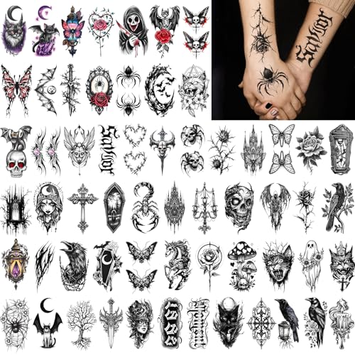 Gothic Temporary Tattoos Set - Mystery Spider Skull Designs for Adults Teens, Waterproof, 77 Sheets, Grey Variation