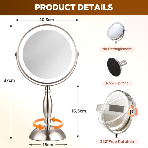 Makeup Mirror with Light, 30x Magnifying Mirror with 3 Lights Colors, 5000mAh Vanity Mirror Brushed Nickel - 360° Rotation, Brightness Adjustable Magnification, Modern Style Side Touch + Side Charge