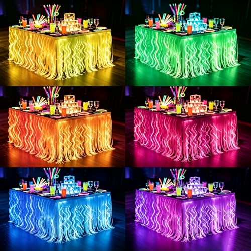 Glow in The Dark Party Table Skirts Set - 4 Pack Fluorescent Wavy Foil Fringe for Neon & Blacklight Events