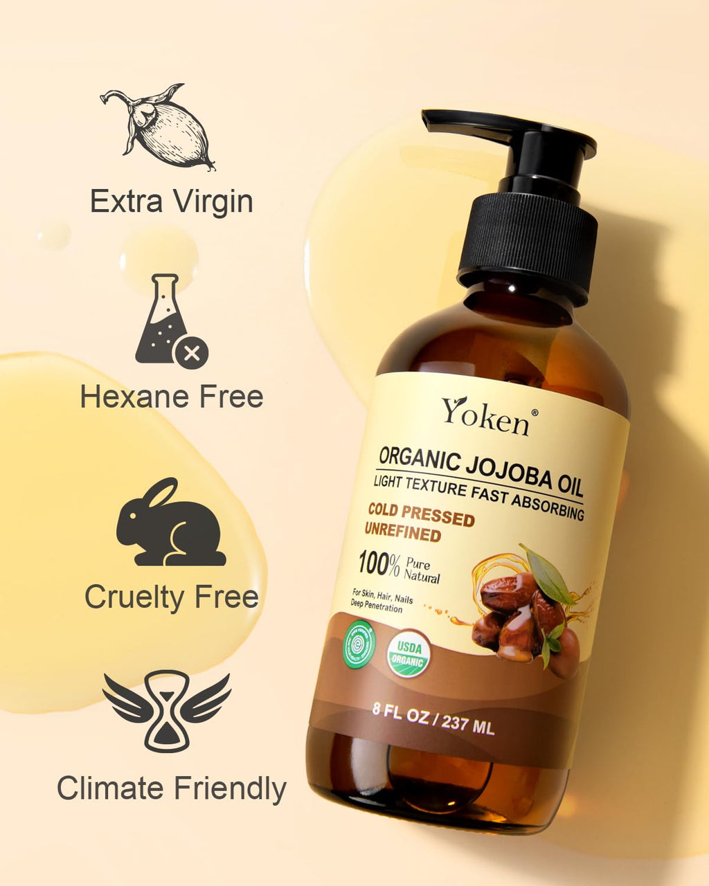 Yoken Organic Jojoba Oil - 100% Pure & Natural Cold Pressed Oil for Hair, Skin & Face | 8 fl oz Glass Bottle