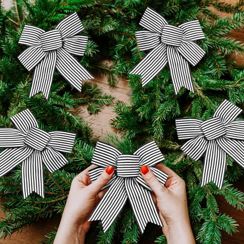 Christmas Bow Set - Black and White Striped Ribbons for Tree, Wreath & Gift Decor, 12 Pcs