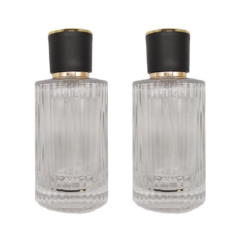 PimyRcyi Glass Spray Bottles for Perfume,3.4oz Empty Clear Vertical Stripes Round Fine Mist Spray Container 100ml,2PCS (Clear+Black)