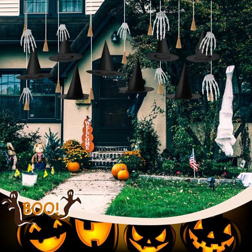 Halloween Hanging Decor Set with Witch Hats Brooms Skeleton Hands - 32 Pieces
