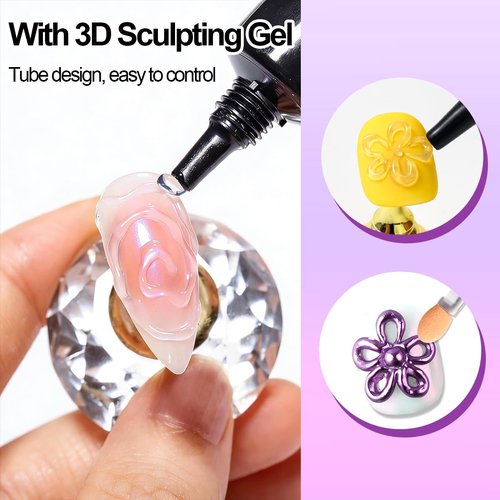 SUTOZMIWE 3D Nail Gel and Chrome Nail Powder Kit: 10g Sculpting Gel for Nail Art Metallic Mirror Effect Pigment Aurora Pearl Chrome Powder for Home DIY Salon Use (Purple)