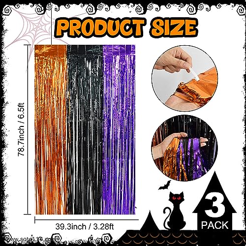 Halloween Foil Tinsel Curtain Streamers 3 Pack - Orange Black Purple Party Backdrop