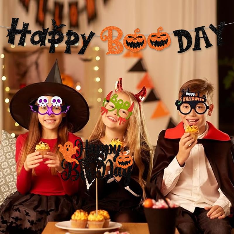 Halloween Banner and Cake Topper Set - Glitter Black Happy Boo Day Decorations
