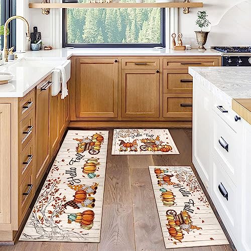 Hello Fall Kitchen Rug Set with Runner - 3 Piece Washable Harvest Gnome Pumpkin Leaves