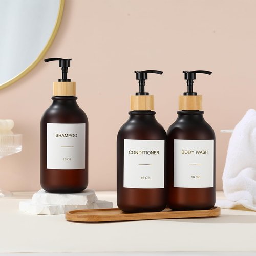 Shampoo and Conditioner Dispenser, Shower Soap Dispenser with Bamboo Pumps/Tray, Refillable Shampoo and Conditioner Bottles, Shower Shampoo Dispenser 3 Chamber, 16oz(Amber)