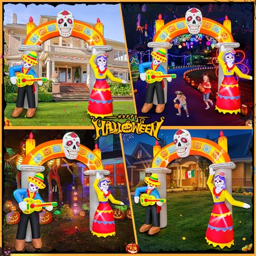 9Ft Skeleton Arch Inflatable Halloween Decoration with Skull & LED Lights - Day of The Dead Yard Decor