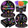 Neon Halloween Party Supplies Set - 168 Pieces for 24 Guests
